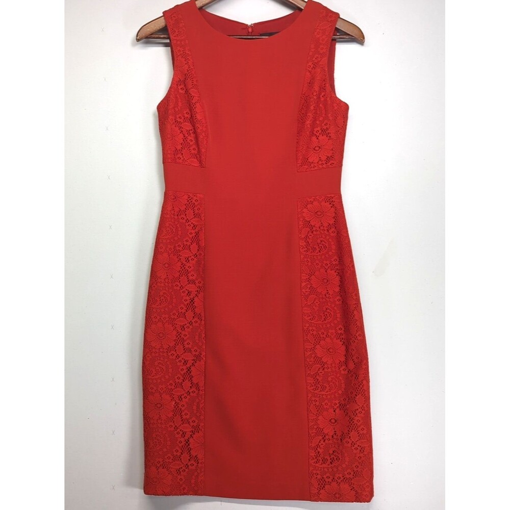Adrianna Papell Womens 4 Red-Orange Lace Paneled Cocktail Party Casual Dress